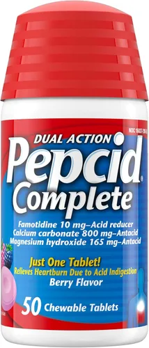 Vista 10 de Pepcid Reductor de ácido de doble acción completo + tabletas masticables antiácidas, sabor a bayas, 8 unidades.