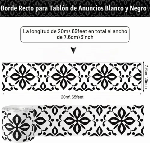 Vista 2 de Zonon Bordes de tablón de anuncios en blanco y negro de 65 pies, 1 rollo de tablón de anuncios, bordes rectos para decoración de regreso a clases