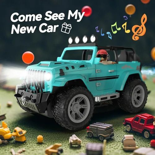 Vista 2 de DEERC Coche de Control Remoto con Neblina y Música, Camión de Control Remoto 1:16 para Niños, Juguete de Coche RC de 2.4Ghz con 2 Baterías, Regalo