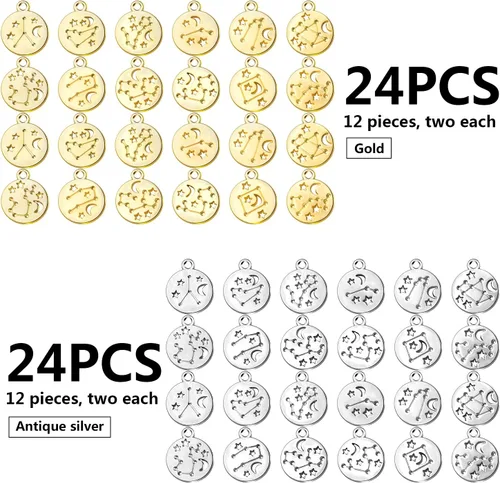 Vista 2 de Dijes redondos del signo del zodiaco, con doce constelaciones, dijes de aleación del zodiaco, dijes de doble cara para joyería, aretes, pulseras