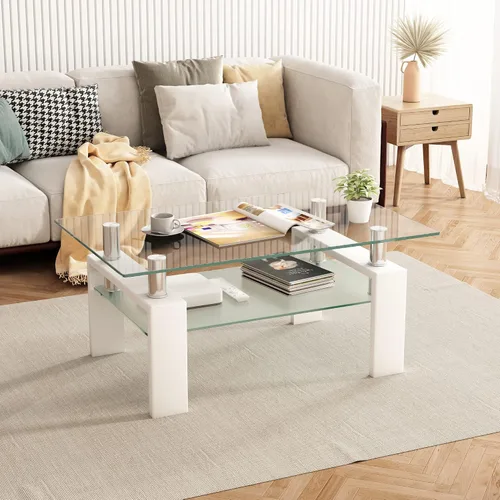 Vista 2 de Mesa de centro rectangular de vidrio de 39.4 pulgadas, mesa de centro blanca con vidrio templado y patas de metal, mesa central moderna de 2 niveles
