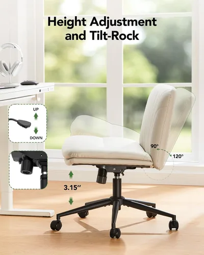 Vista 7 de Marsail Silla de escritorio de oficina sin brazos con ruedas, silla ancha de piel sintética con patas cruzadas, cómodas sillas giratorias ajustables