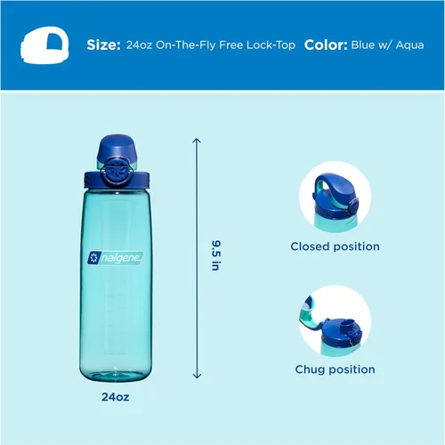 Vista 5 de Nalgene Sustain Tritan Botella de Agua On The Fly Sin BPA Fabricada con Material Derivado del 50% de Residuos Plásticos, 24 OZ, Azul con Aqua