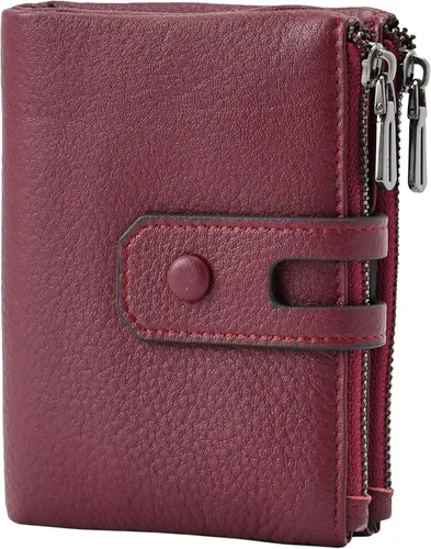 Vista 8 de Bveyzi - Billetera pequeña de cuero suave para mujer con bloqueo RFID, tarjetero para damas con doble bolsillo con cremallera