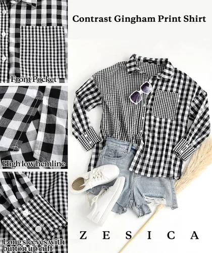 Vista 4 de ZESICA Women's Casual Plaid Patchwork Long Sleeve Button Down Oversized Shirt Blouse Top