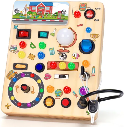 Vista 12 de Tablero de actividades con interruptores de luz LED, juguetes Montessori para niños de 1, 2, 3 años, tablero de actividades sensoriales de madera
