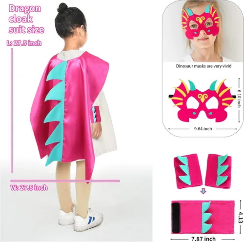 Vista 4 de D.Q.Z Disfraz de dinosaurio y dragón para niños pequeños, muñequeras con máscara de dinosaurio para niños y niñas, regalos de fiesta de cumpleaños