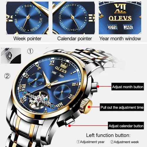 Vista 4 de OLEVS Relojes automáticos mecánicos Tourbillon de acero inoxidable, impermeables, luminosos, de lujo, para hombre