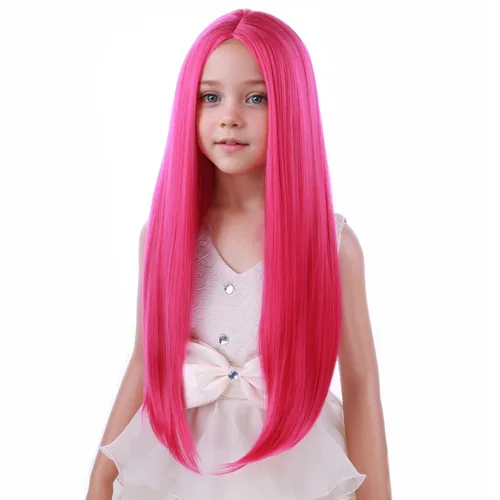 Vista 3 de PATTNIUM Peluca de color rosa intenso para niños, peluca larga y recta, color rosa, para niñas, color magenta, color rosa neón, pelucas sintéticas