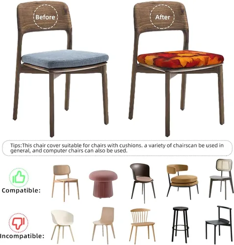 Vista 9 de Fundas de asiento para silla cuadrada de comedor de otoño de 16.9 pulgadas, dos piezas, funda de cojín elástica ajustable de repuesto extraíble