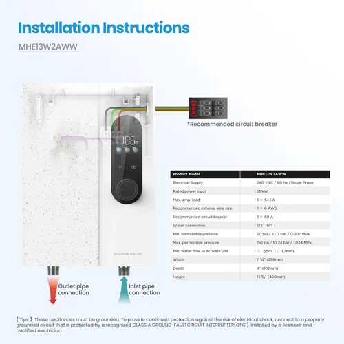 Vista 2 de Midea Calentador de agua eléctrico sin tanque de 13KW, control táctil, control Wi-Fi, pantalla LED, modo infantil, 240 voltios con modulación