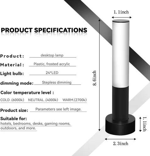 Vista 7 de Lámpara de noche LED recargable portátil con lámpara de escritorio regulable de 3 vías, control táctil, lámpara de mesa para el hogar, oficina