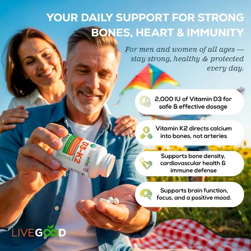 Vista 5 de LIVEGOOD Suplemento orgánico D3 K2 de 2000 UI, cápsulas veganas con MK-7, vitamina D3 pura con K2 para el sistema inmunológico y apoyo óseo