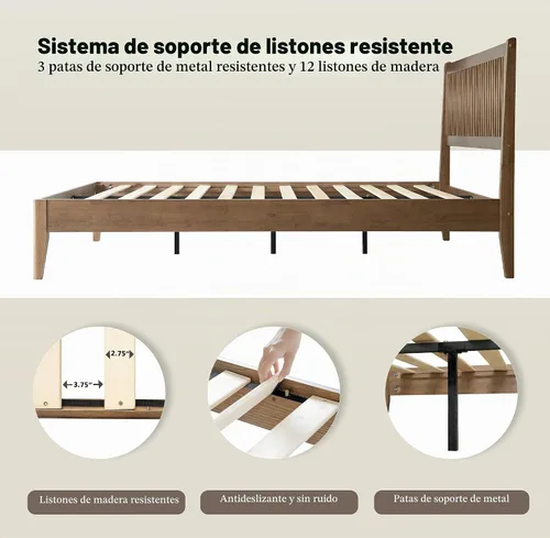 Vista 11 de Marco de cama tamaño King, cama plataforma de madera sólida con cabecera y pie de cama, 12 listones resistentes, patas centrales de metal, fácil