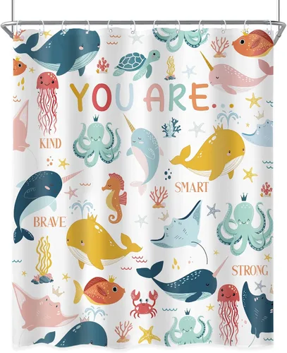 Vista 8 de Riyidecor Ocean - Cortina de ducha para niños, 60 pulgadas de ancho x 72 pulgadas de alto, diseño de ballena, dibujos animados, animales, delfín
