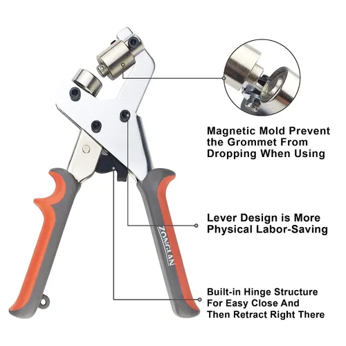 Vista 5 de Kit de herramientas para ojales, herramienta multiusos manual de mano, perforadora, alicates con arandelas de metal (1/4 de pulgada)