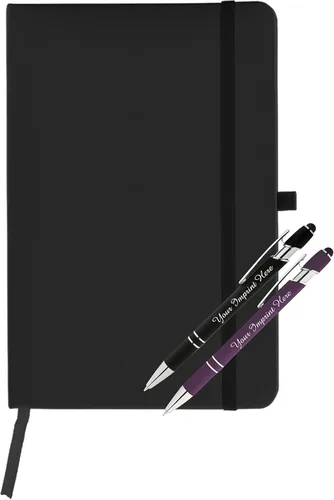 Vista 9 de ExpressDesigns™ - Juego de regalo de bolígrafos personalizados con diario - 2 bolígrafos de metal suave al tacto con cuaderno - Grabado Negro