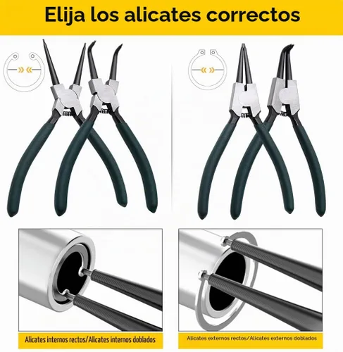 Vista 4 de Juego de alicates de anillo a presión, 2 piezas de 7" de alicates internos/externos con mandíbula doblada, kit de alicates de precisión de carga
