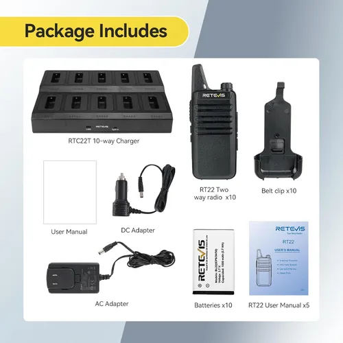 Vista 8 de Retevis RT22 Radio Bidireccional, Walkie Talkies Recargables de Largo Alcance (Paquete de 10) con Cargador de 10 Vías, Barra de Progreso de Carga