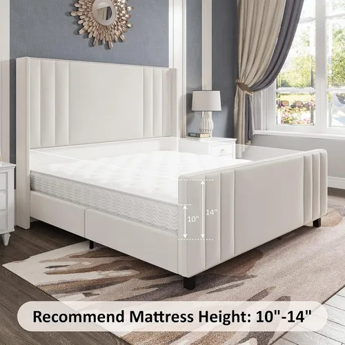 Vista 7 de Albott Base de cama de plataforma tamaño King, cama tapizada con cabecera y pie de cama con respaldo alado capitoné de canales verticales, Crema