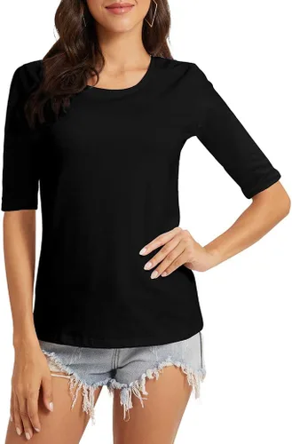 Vista 3 de Camiseta básica de media manga con cuello redondo para mujer, casual, color liso, de algodón