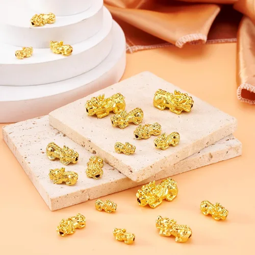 Vista 5 de Craftdady 20 cuentas espaciadoras Pixiu chapadas en oro de 24 quilates, aleación de metal 3D, cuentas Fengshui, 5 tamaños para atraer riqueza, buena