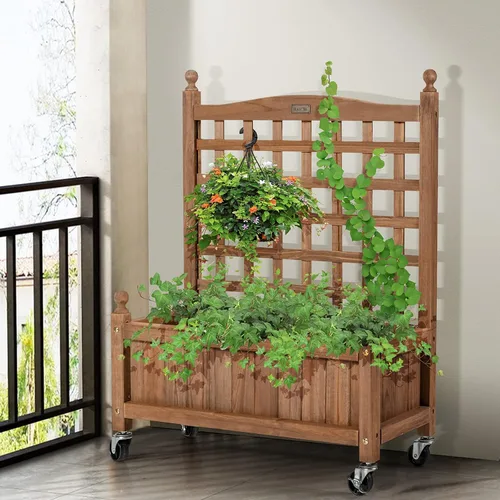 Vista 7 de Giantex Cama elevada móvil para plantas, maceta de madera con enrejado y ruedas, caja de flores para escalada de plantas, jardín vertical