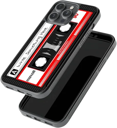 Vista 3 de Funda de goma negra personalizada con cinta de casete compatible con Apple iPhone 17 Pro Max Air, 17e, 16e, 16 Pro Max Plus, 15 Pro Max Plus, 14, 13