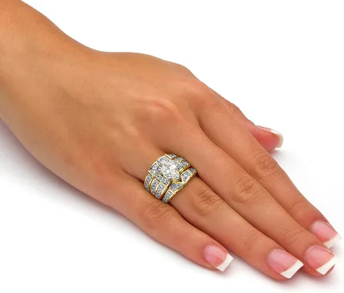 Vista 3 de Juego de 3 anillos de novia de oro amarillo de 14 quilates sobre plata de ley con circonita cúbica de corte marquesa