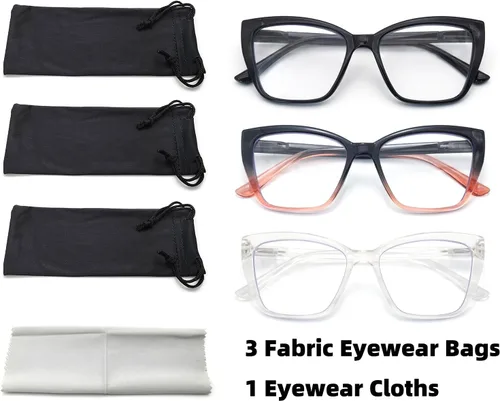 Vista 2 de HIGHLIKE 3-Pack Reading Glasses for Women Stylish Cat-Eye Spring Hinge Clear Lenses Readers Anti Eyestrain