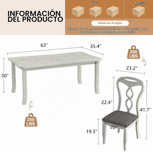 Vista 2 de VECELO Juego de mesa de comedor de madera maciza de 7 piezas con 6 sillas tapizadas, diseño moderno de fácil montaje para cocina y espacios