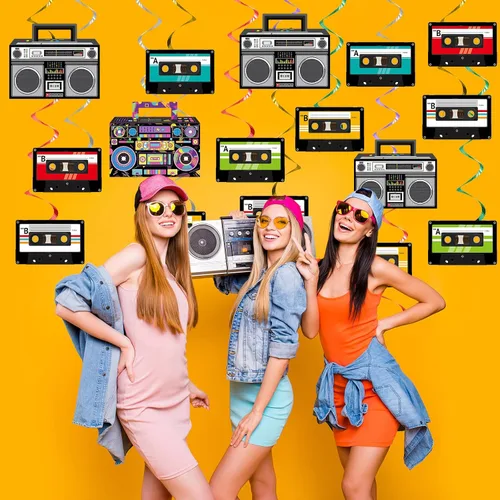 Vista 5 de 72 piezas de decoraciones de fiesta temática de los años 90, remolinos colgantes de los años 80, cinta grabadora de música de los años 80, remolinos