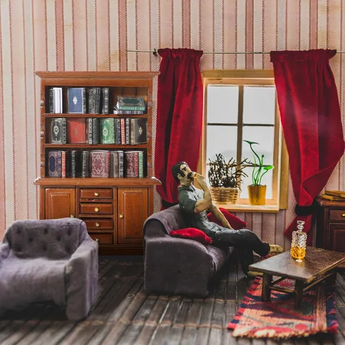 Vista 5 de Estantería de madera a escala 1:12, 48 libros, color marrón Muebles en miniatura para casa de muñecas, escena de biblioteca, regalo de rincón