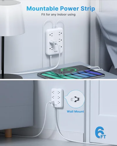 Vista 7 de Cinta de enchufes de 2 puntas con GFCI, VINTAR Adaptador de enchufe de GFCI de 2 a 3 puntas, cable de extensión de 6 pies con 6 salidas y 4 USB