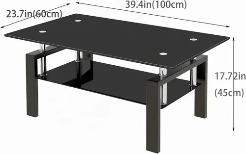 Vista 2 de Mesa de centro moderna de vidrio, mesas de té de vidrio templado negro de 2 niveles para sala de estar, rectangular de 39.4 x 23.7 x 17.72 pulgadas