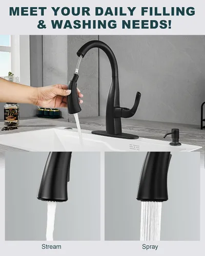 Vista 3 de WOWOW Grifos de cocina con dispensador de jabón, cuello de cisne de una sola manija, grifos de fregadero de cocina negros con rociador, arco alto