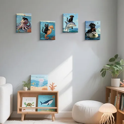 Vista 3 de Arte de pared enmarcado para baño, gato negro, aventura oceánica, póster de lienzo de 4 piezas de gato pirata náutico con caballito de mar, manatí