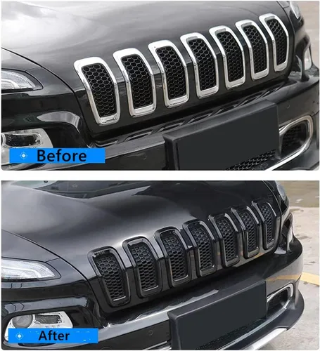 Vista 5 de Insertos de rejilla para parrilla compatible con Jeep Cherokee 2014-2018 cubierta de parrilla delantera anillos kit de molduras de marco 7 piezas