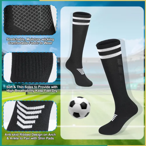 Vista 5 de 6 pares de calcetines elásticos de fútbol para niños, calcetines de tubo alto hasta la rodilla, coloridos calcetines de fútbol atlético para niños