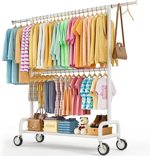 Vista 13 de Perchero de ropa resistente con carga de 860 libras, estantes de ropa rodantes de doble barra para colgar ropa, estante de ropa rodante con estantes
