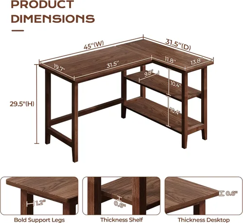 Vista 2 de IOTXY Escritorio de oficina reversible en forma de L, mesa de computadora compacta de 45 pulgadas con estantes de almacenamiento, patas de madera