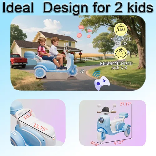 Vista 5 de Motocicleta de paseo de 12 V y 2 asientos para niños, juguete con batería eléctrica, bicicleta de tierra para niños, vehículo todoterreno, bicicleta