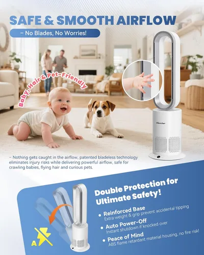 Vista 5 de Hanchen Ventilador HEPA de torre sin aspas Dual-Tech, ultra silencioso 3 en 1 para refrigeración, calefacción y purificador de aire, calefacción