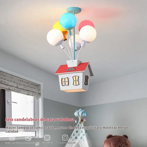 Vista 2 de Lámpara de techo con forma de casa para niños, araña de madera con forma de caricatura, con pantalla acrílica, lámpara de techo Sputnik