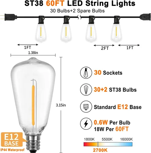 Vista 2 de Couah ST38 - Tira de luces LED para exteriores, 60 pies con 32 bombillas Edison para exteriores, resistentes a la intemperie, luces colgantes