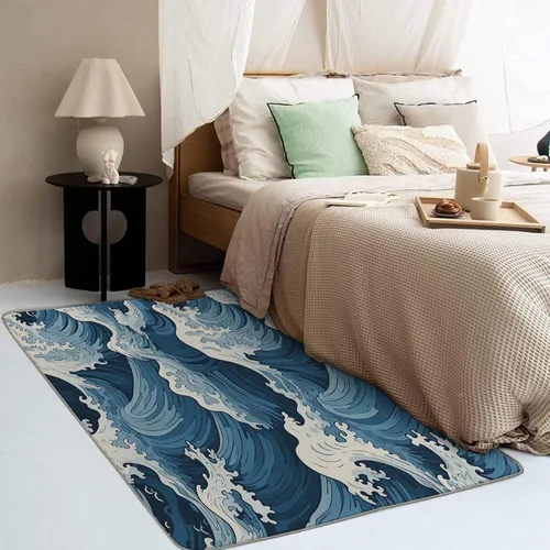 Vista 3 de Alfombra japonesa ondulada y decoración del hogar, alfombra de 4 x 5 pies, alfombras azules con ondas oceánicas para sala de estar, dormitorio, Onda