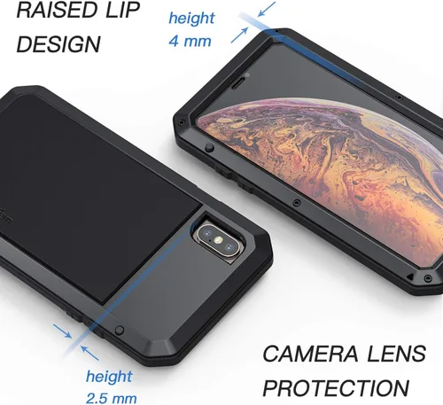 Vista 4 de Lanhiem Funda de metal para iPhone X/Xs, resistente a los golpes [Tough Armour] con protector de pantalla de vidrio integrado, funda protectora