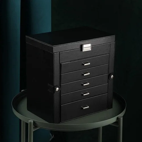 Vista 6 de Frebeauty Joyero grande, organizador de joyas de piel sintética de 6 niveles con cerradura, estuche de almacenamiento multifuncional con espejo