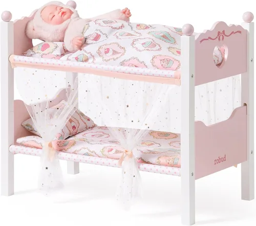 Vista 10 de ROBUD Cuna para Muñeca de Bebé, Camas de Madera para Muñecas de 20 Pulgadas, Literas Verdes para Muñeca de Bebé con Tul, Cama para Muñeca American
