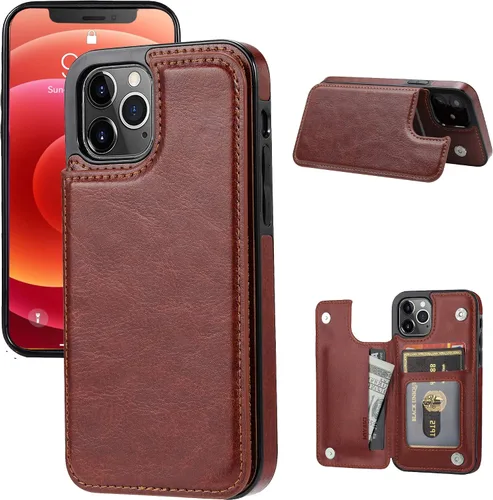 Vista 19 de Funda tipo cartera compatible con iPhone 12 Pro/12, funda protectora delgada con tarjetero, funda premium de cuero sintético con función atril